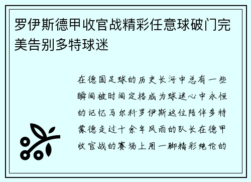 罗伊斯德甲收官战精彩任意球破门完美告别多特球迷
