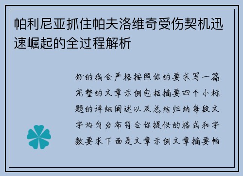 帕利尼亚抓住帕夫洛维奇受伤契机迅速崛起的全过程解析